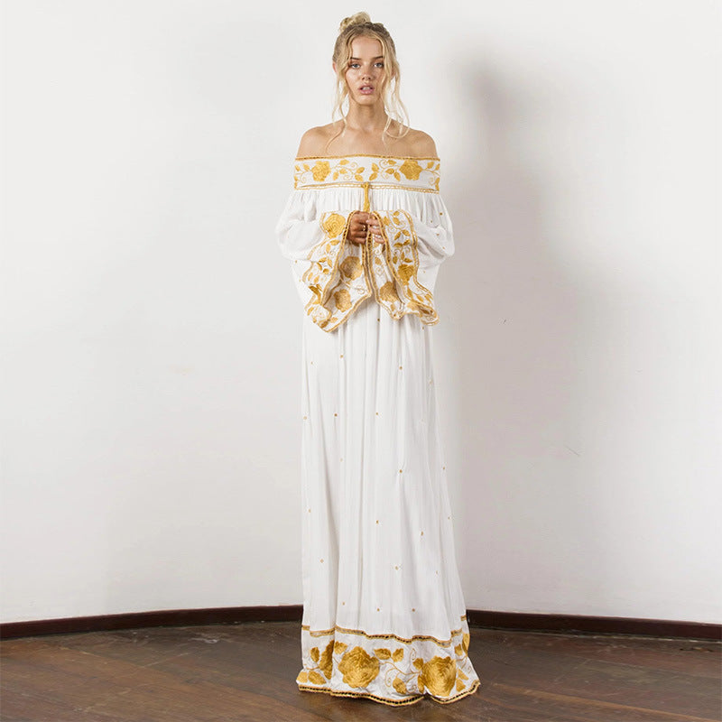 Women's Off-shoulder Flower Embroidered Vintage Dress