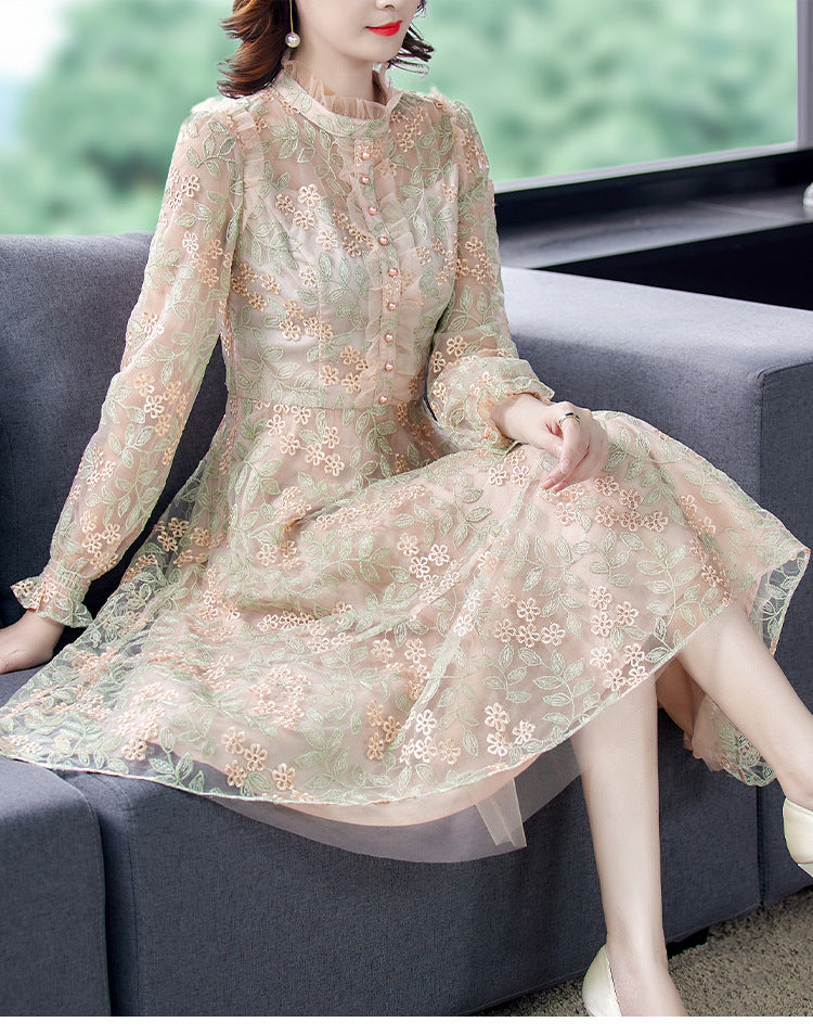 Women''s Dress Fat Sister Gentle Style Long Sleeve Celebrity Temperament Embroidery Mesh Dress