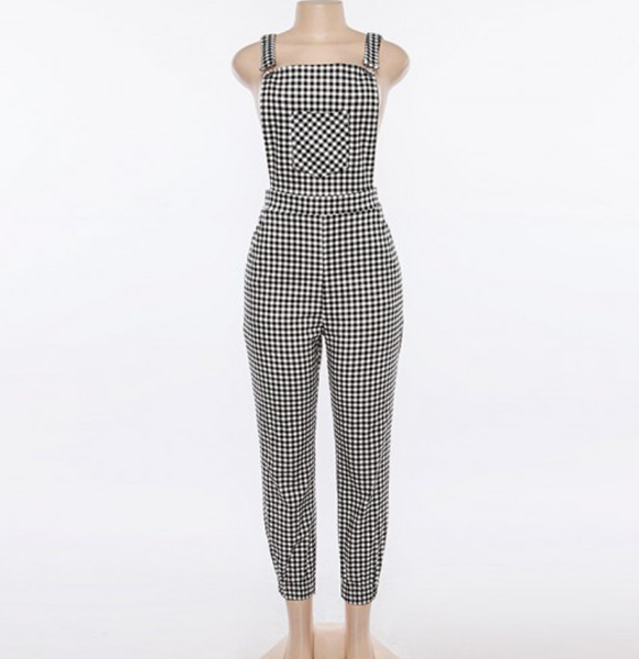Checkerboard Plaid Jumpsuit Black and White Pants