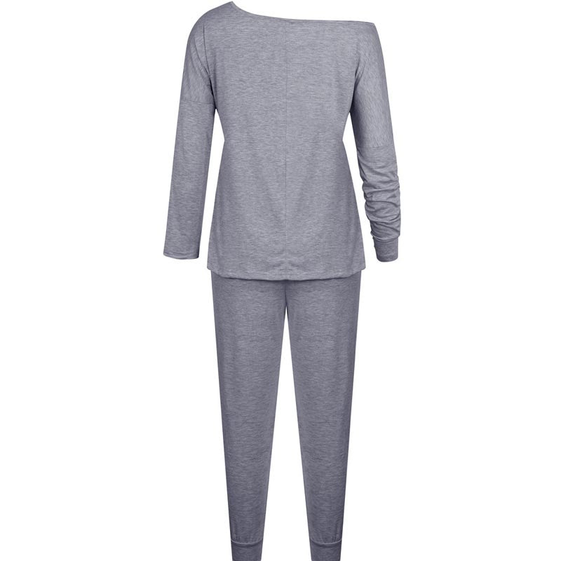 Solid Color Long Sleeve Off Shoulder 2-Piece Suit