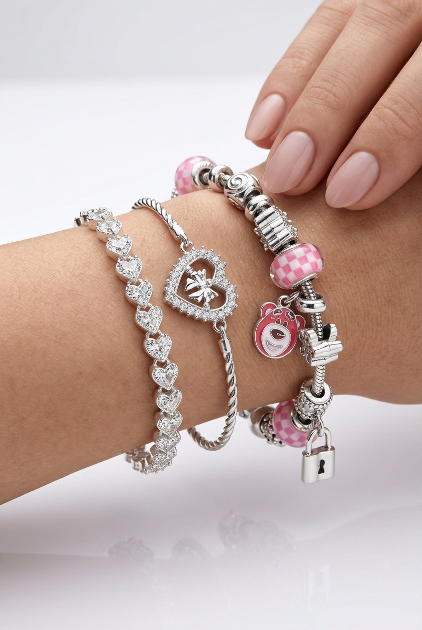 Pandora Style Charm Bracelet with Pink Bear and Crystal Beads