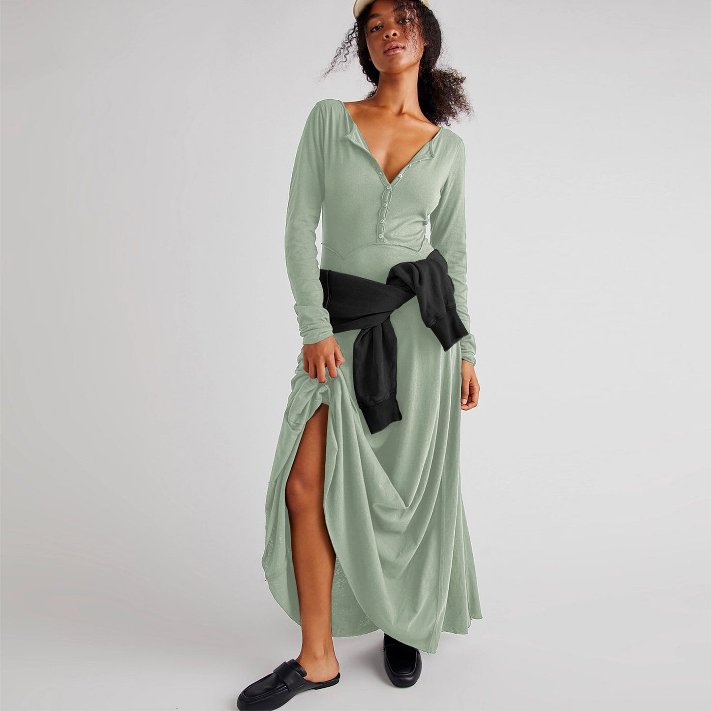 Women's Temperament Pure Color Long Sleeve Dress