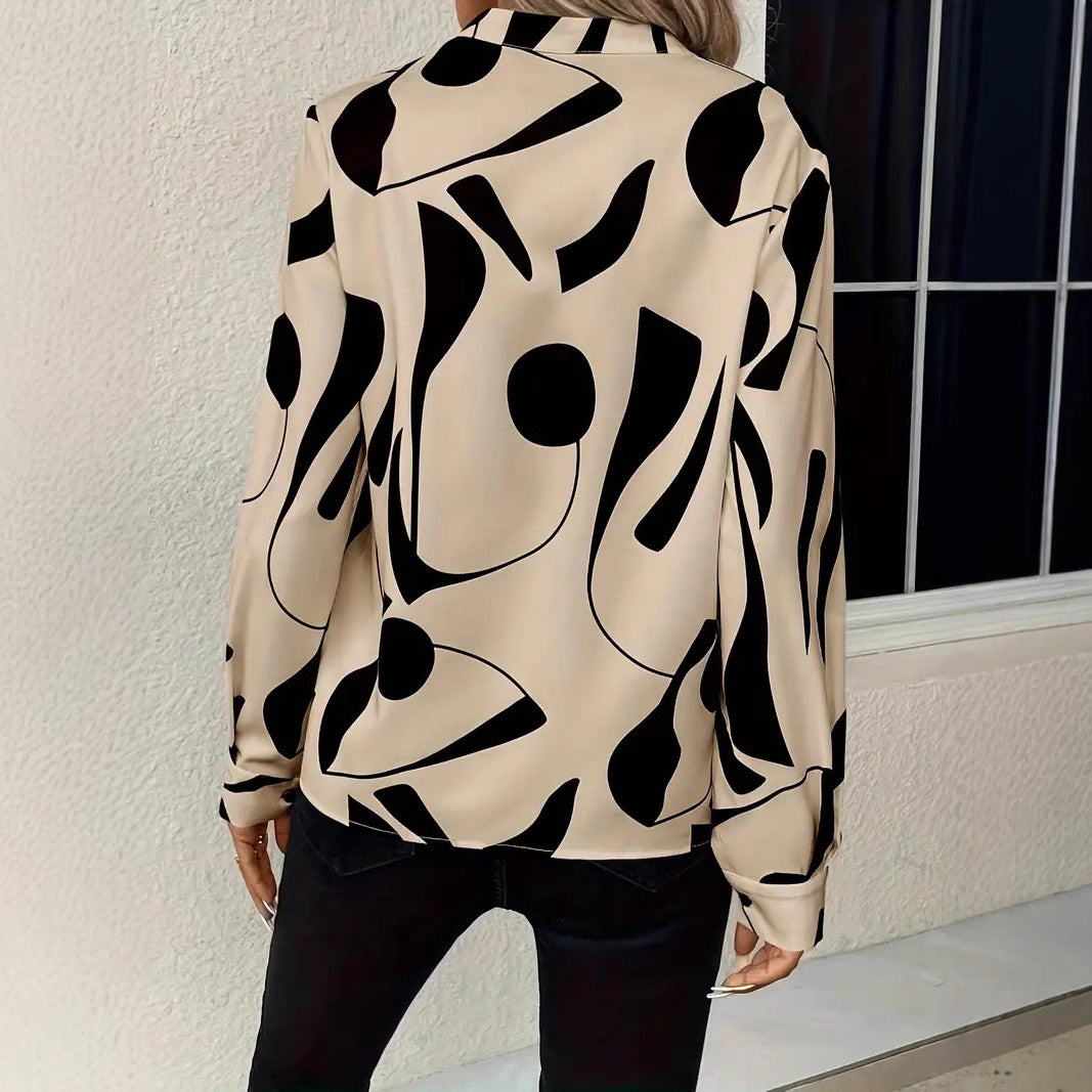 Women's Printed Notched Collar Shirt Long Sleeve