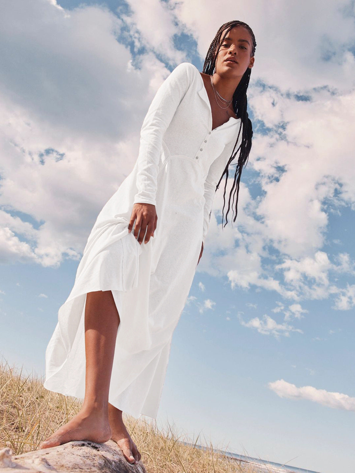 Women's Temperament Pure Color Long Sleeve Dress