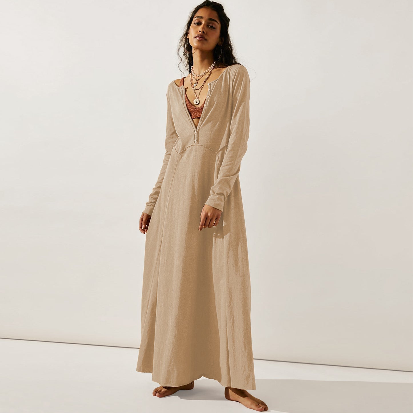 Women's Temperament Pure Color Long Sleeve Dress