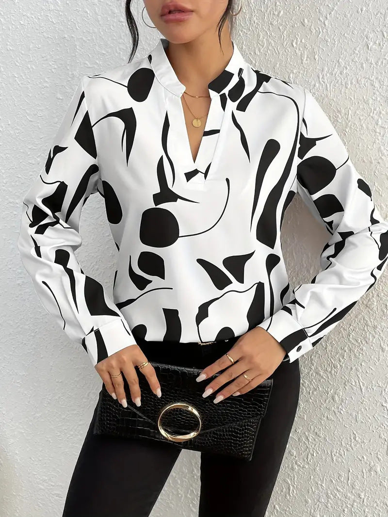 Women's Printed Notched Collar Shirt Long Sleeve