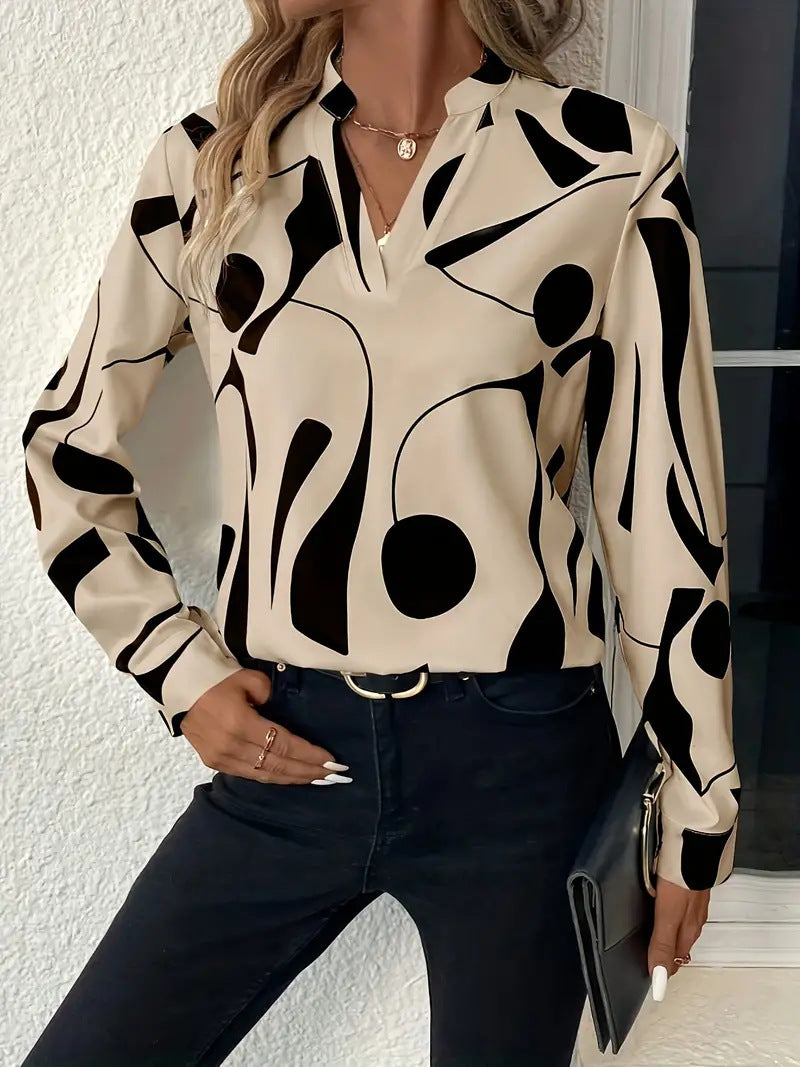 Women's Printed Notched Collar Shirt Long Sleeve