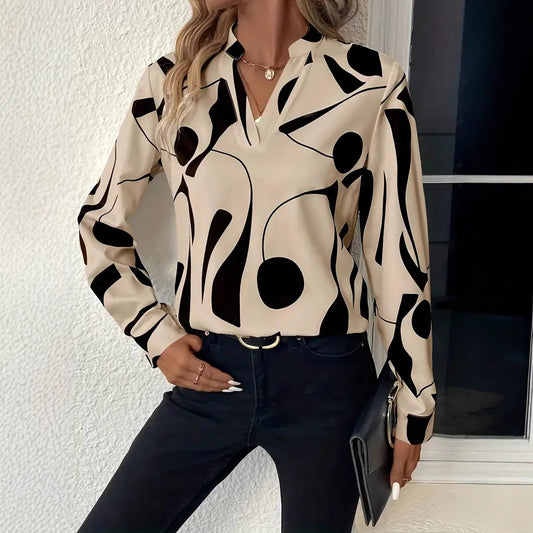 Women's Printed Notched Collar Shirt Long Sleeve
