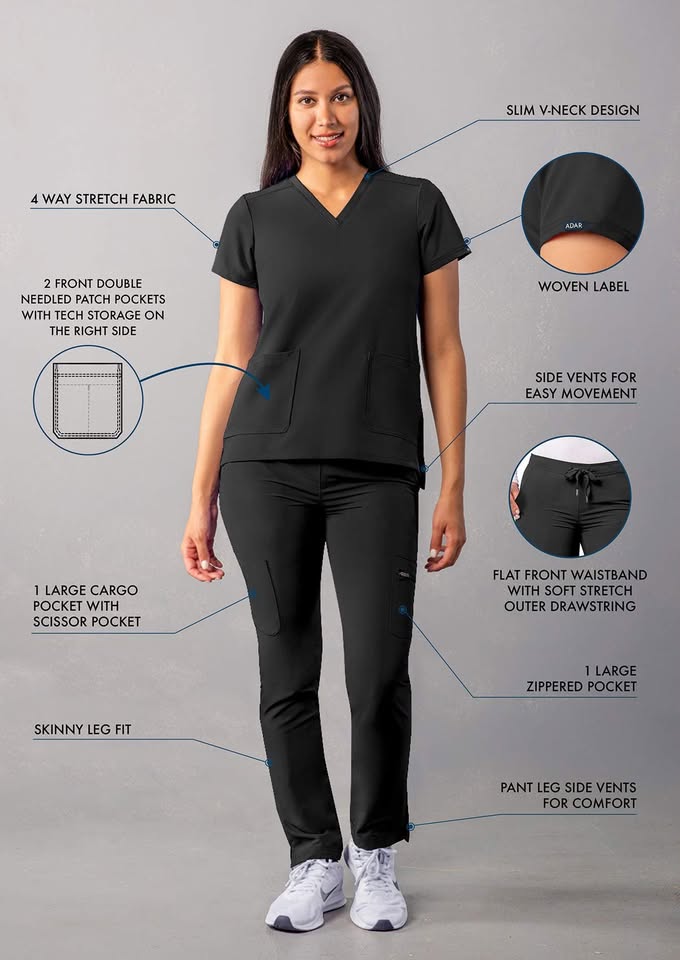 ⚡Scrub Set For Women - Slim V-Neck Scrub Top & Skinny Cargo Scrub Pants Black