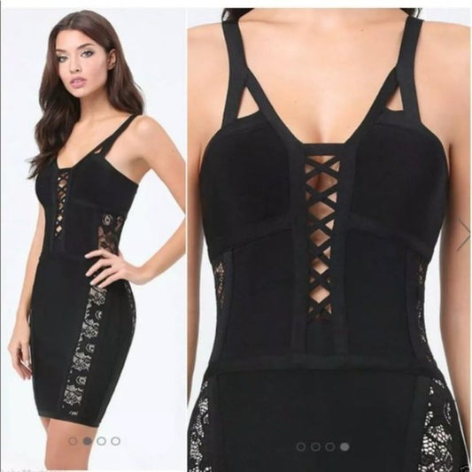 Sides Criss Cross Bodice Black Mini Dress Size SP NWT