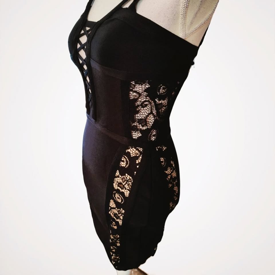 Sides Criss Cross Bodice Black Mini Dress Size SP NWT