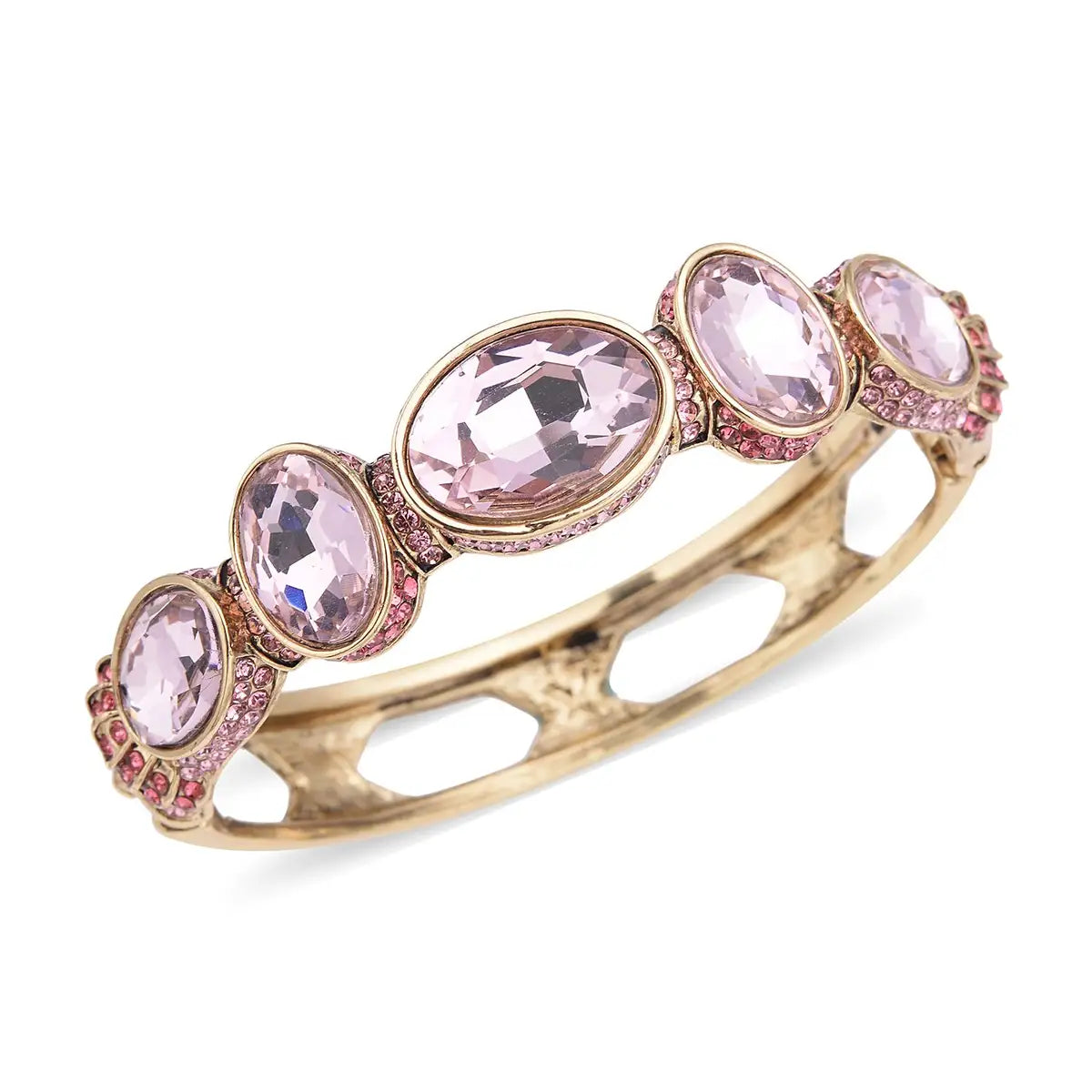 Simulated Pink Sapphire and Pink Shaded Austrian Crystal Bangle Bracelet in Goldtone (7.0 in)