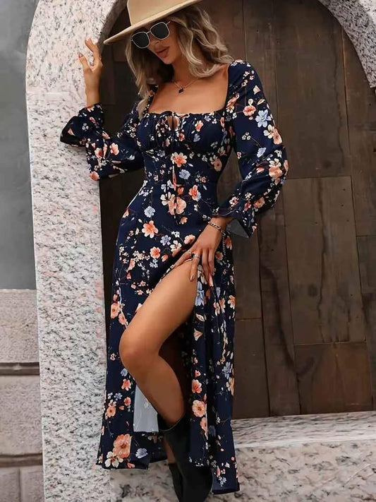 Square Neck, Long Sleeve Floral Print Maxi Dress, Side Slit Size Med NEW