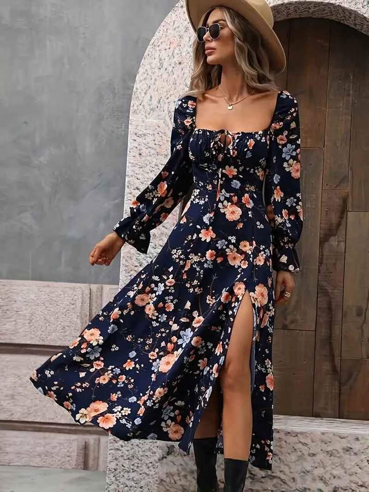 Square Neck, Long Sleeve Floral Print Maxi Dress, Side Slit Size Med NEW