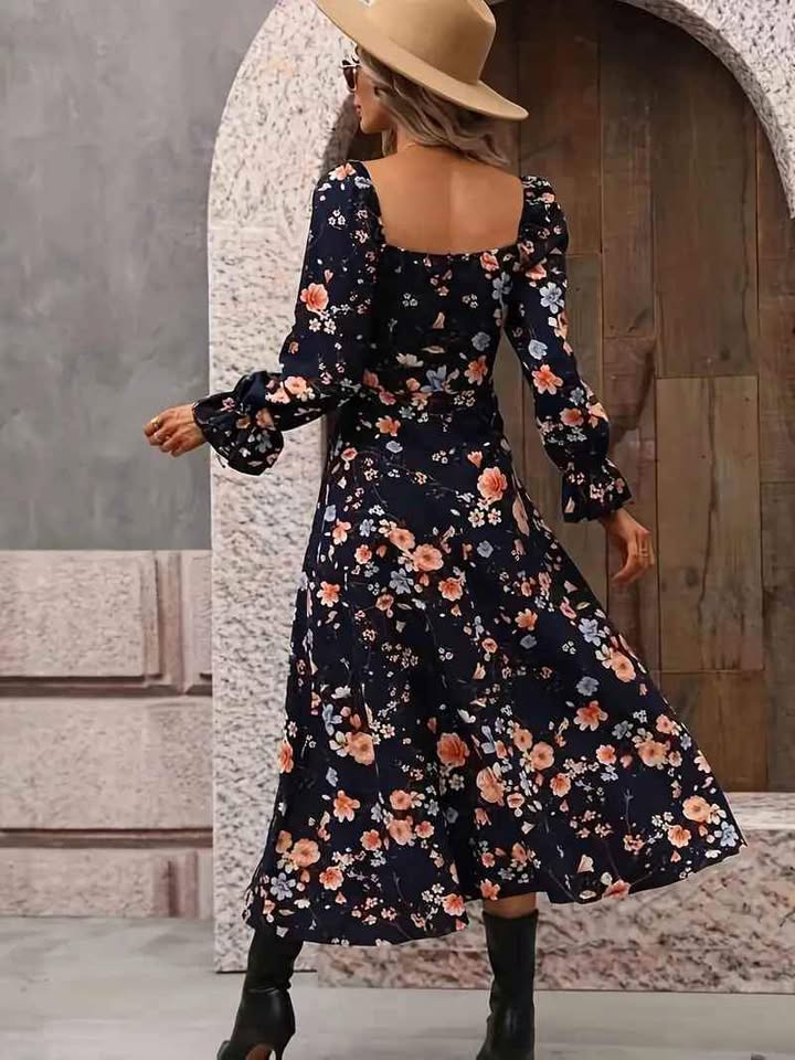 Square Neck, Long Sleeve Floral Print Maxi Dress, Side Slit Size Med NEW