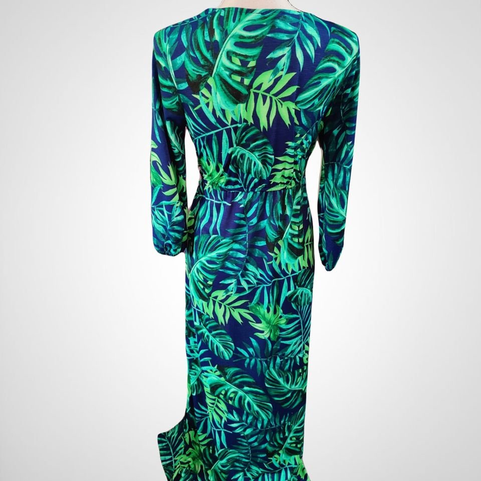 Tropical Print Faux Wrap 3/4 Sleeve Midi Dress by Iris Size Medium