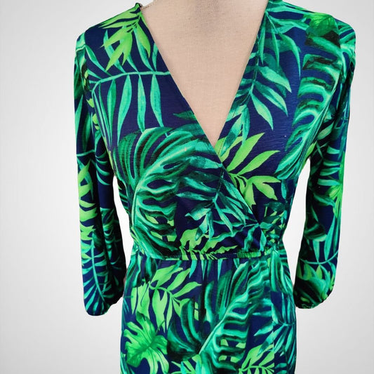 Tropical Print Faux Wrap 3/4 Sleeve Midi Dress by Iris Size Medium