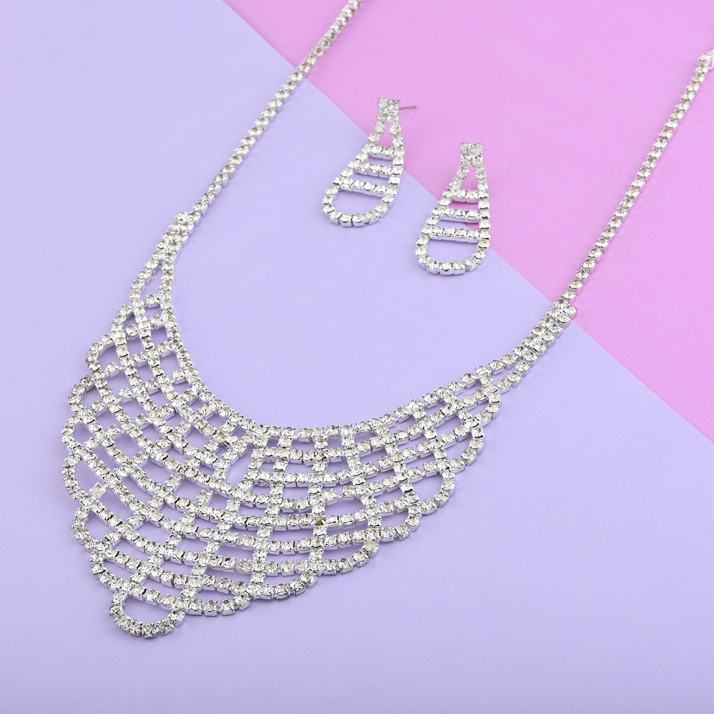 White Austrian Crystal Wedding Earrings and V Shape Necklace 22 Inches