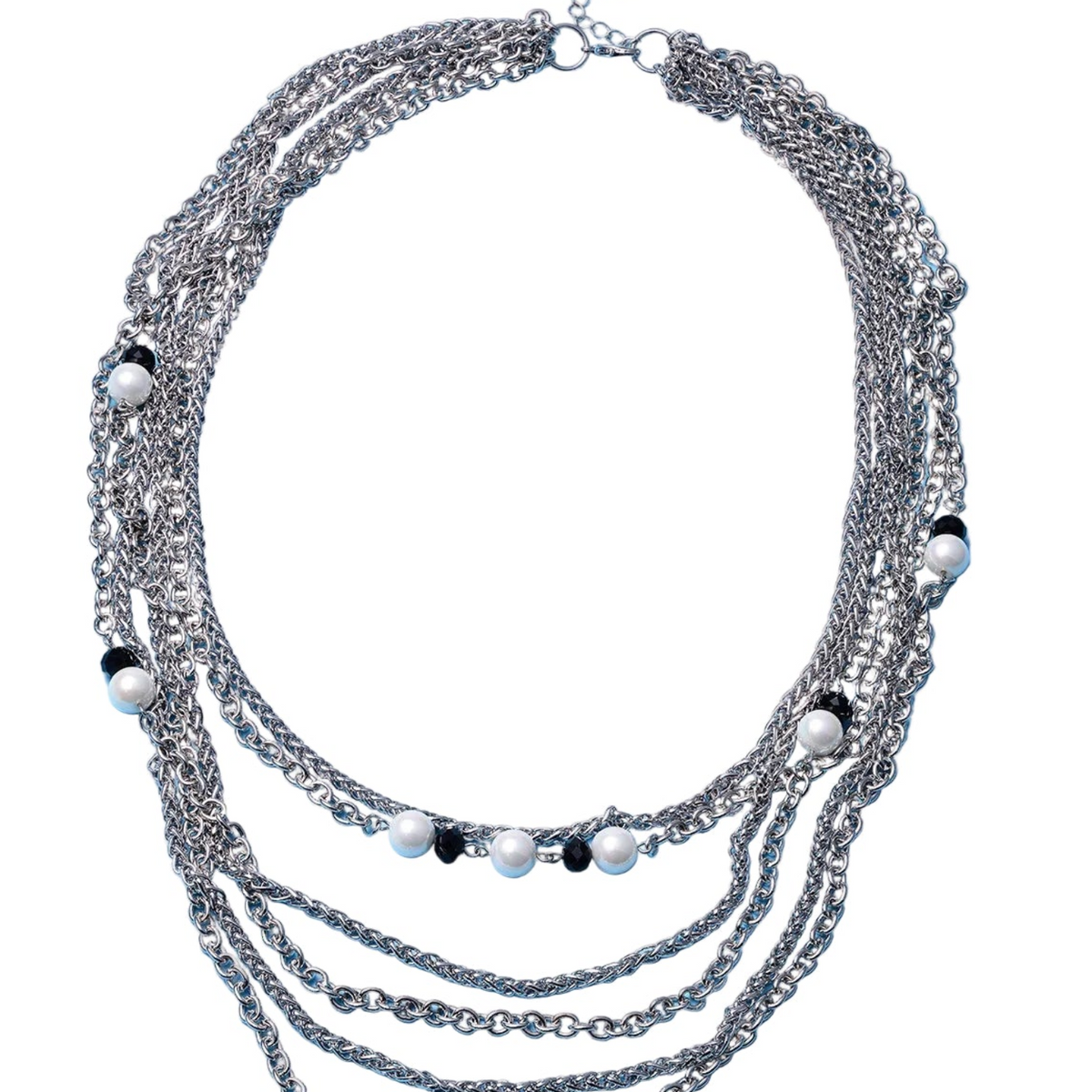 White Pearl Glass, Black Glass Triple-Row Necklace (24 Inches)