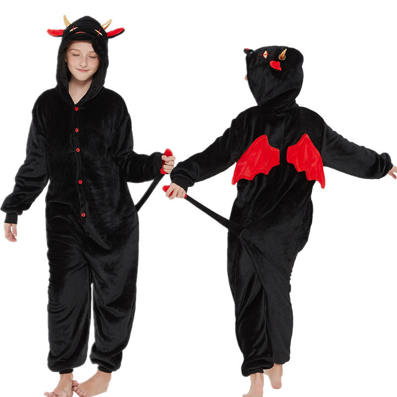 Adult Kigurumi Devil Onesies Flannel Cute Animal Pajamas Sets Kids Winter Demon Nightie Pyjamas Sleepwear Homewear
