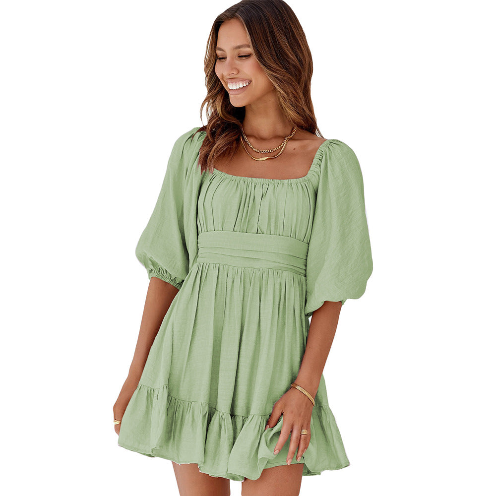 Women's Off-neck Dress Waist Slimming Solid Color Knee-length Skirt