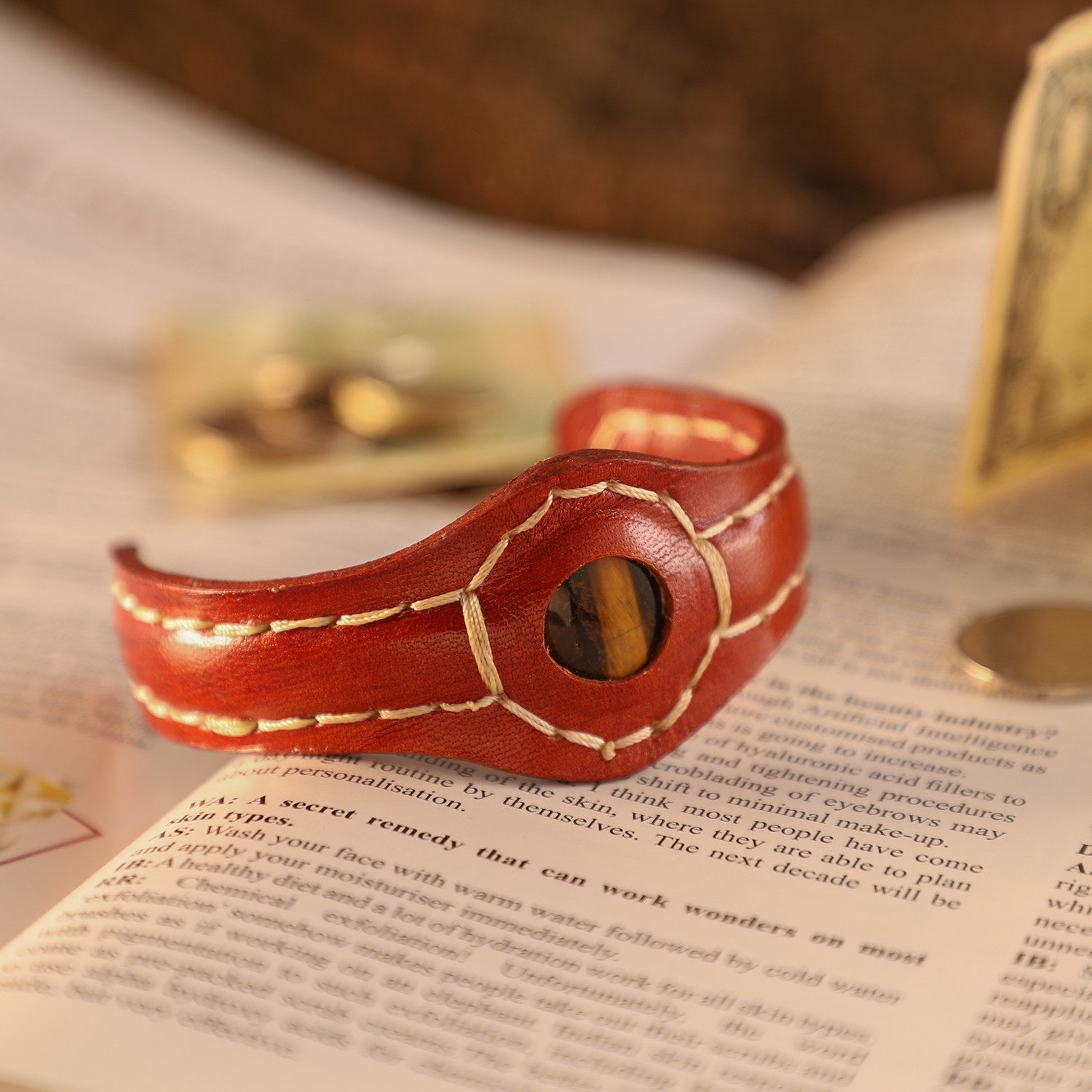 100% Genuine Leather Cuff Bracelet with South African Tiger's Eye