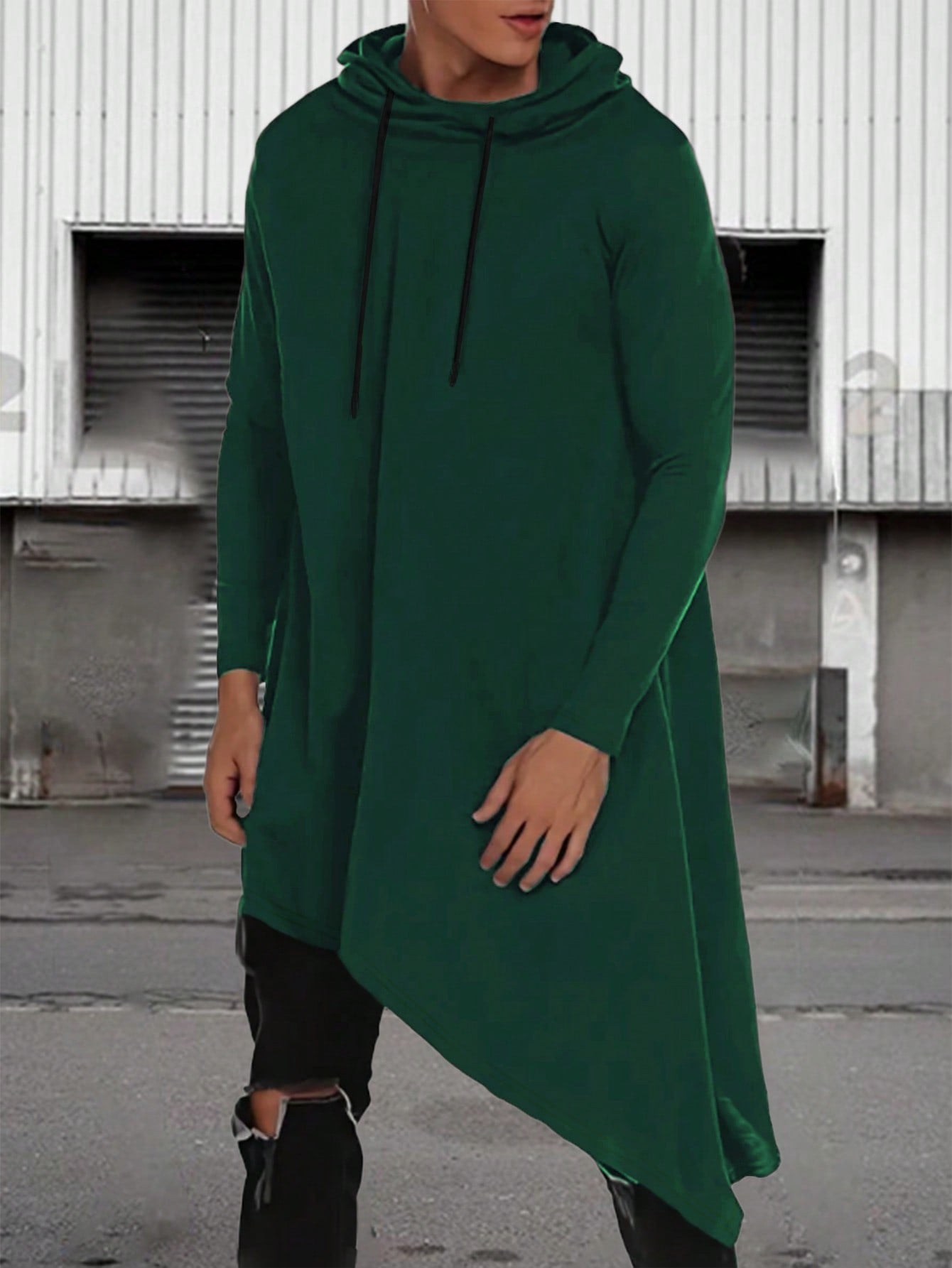 Manfinity LEGND Men Plus Solid Drawstring Hooded Asymmetrical Hem Longline Sweatshirt