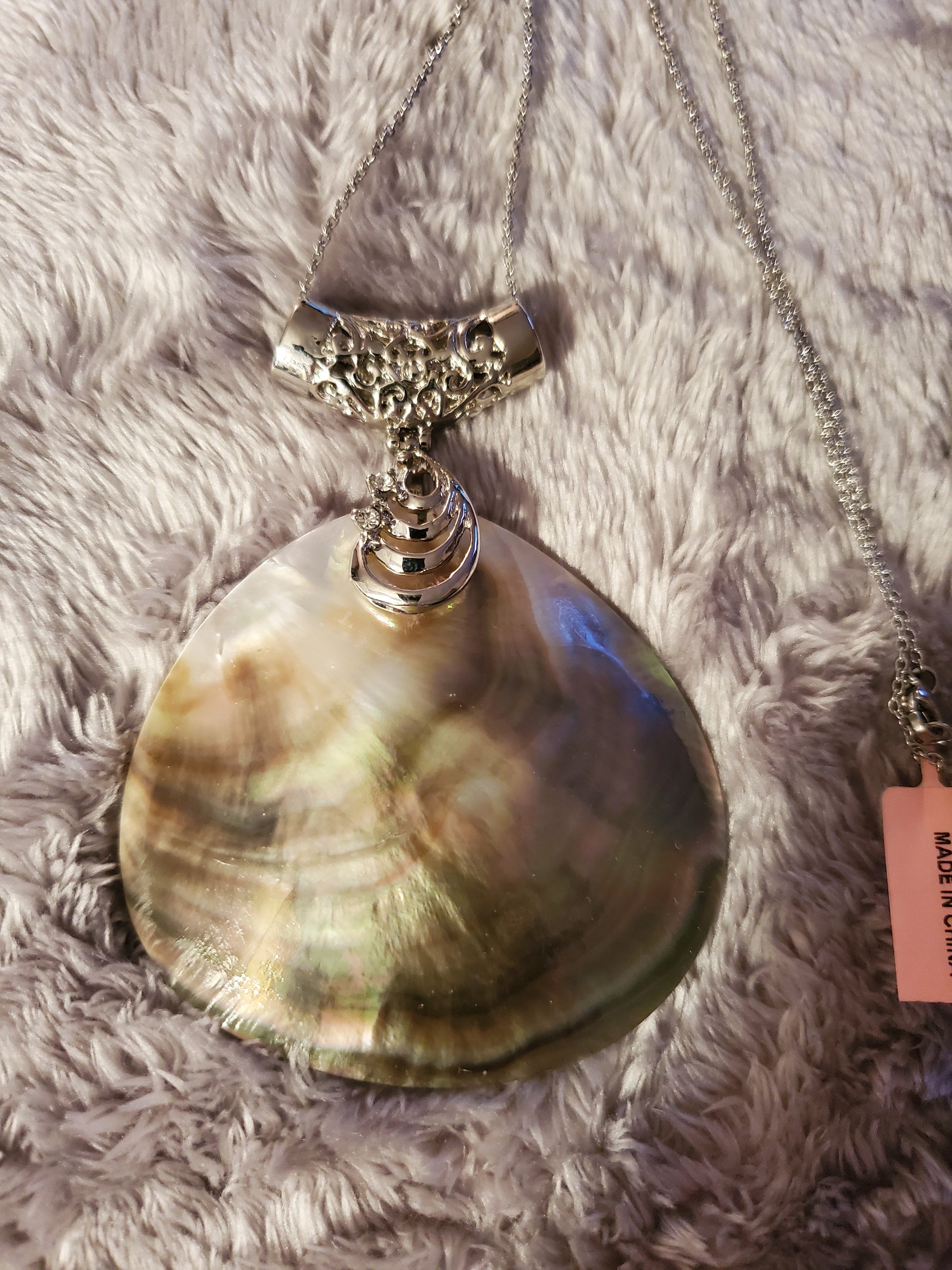 Genuine Oyster Shell, White Austrian Crystal Necklace