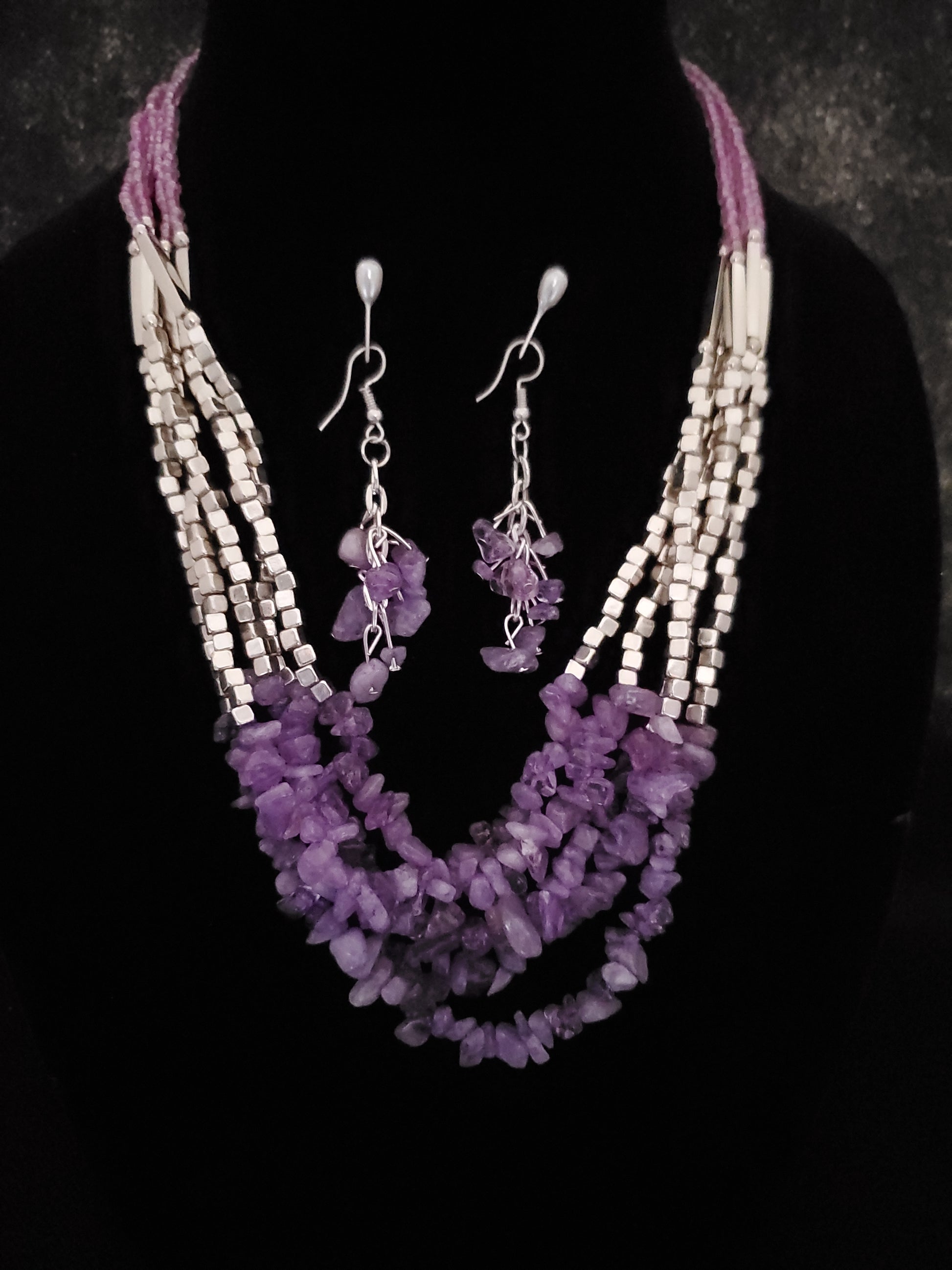 Handmade Amethyst Chips Earrings and Multi Strand Necklace 24 Inch