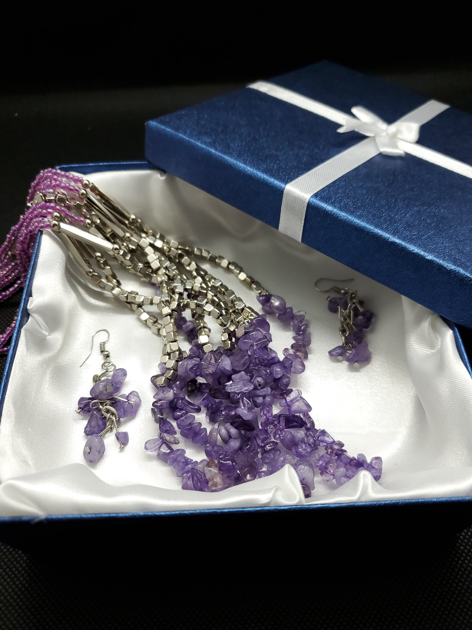 Handmade Amethyst Chips Earrings and Multi Strand Necklace 24 Inch