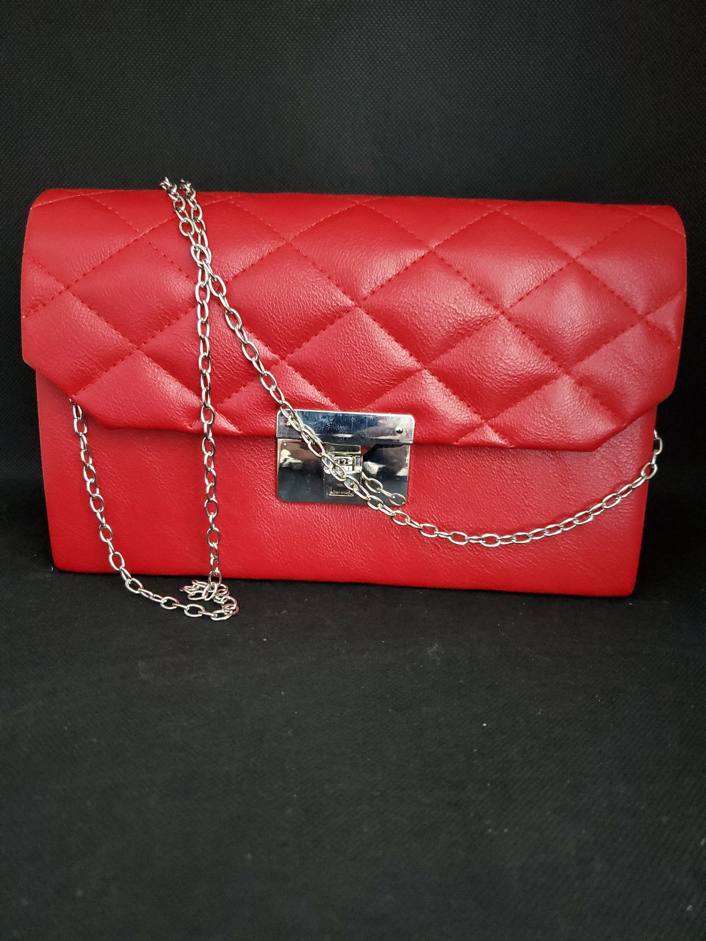 Fashion Red Faux Leather Quilted Crossbody Clutch Bag