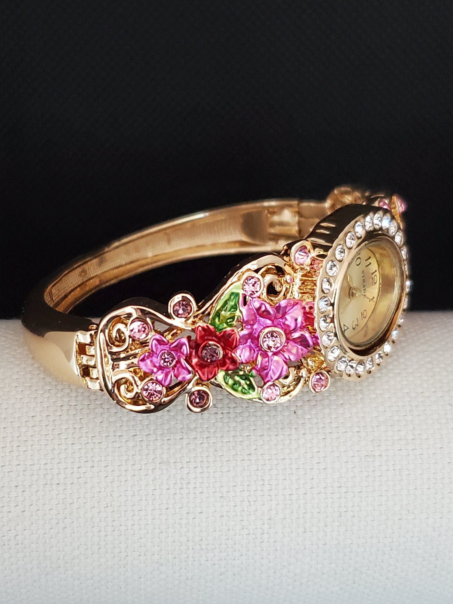 Hand Painted Springtime White and Pink or Blue Austrian Crystal Watch