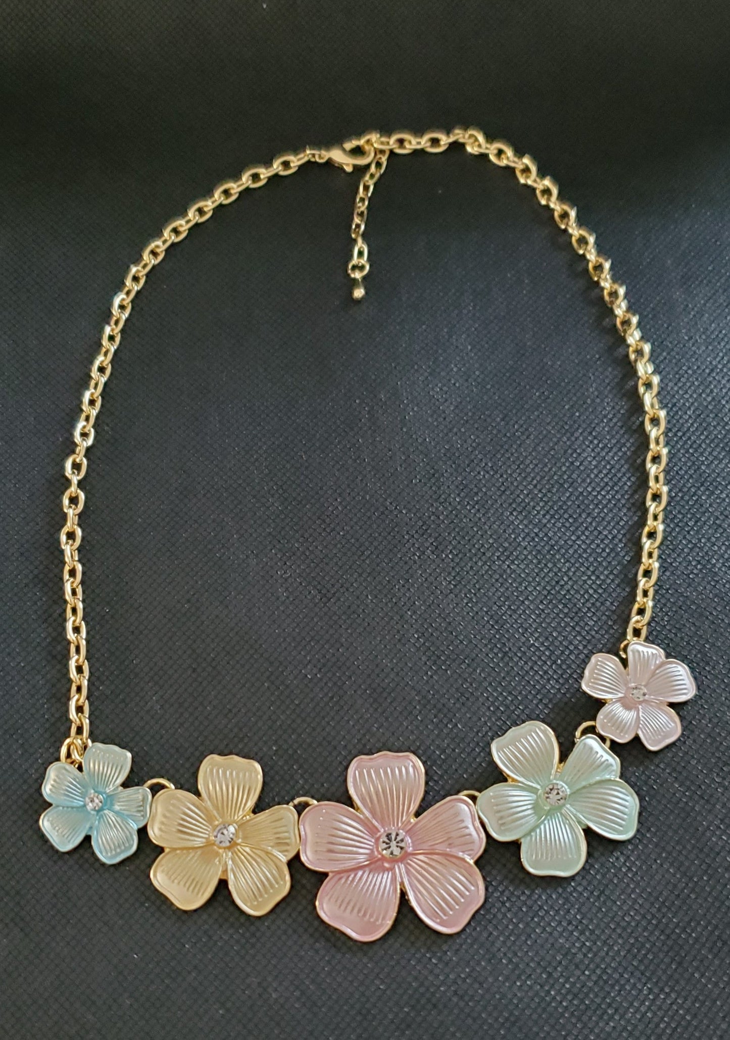 Pretty Petunia Necklace in White Austrian Crystal and Enamel 20-22 Inches