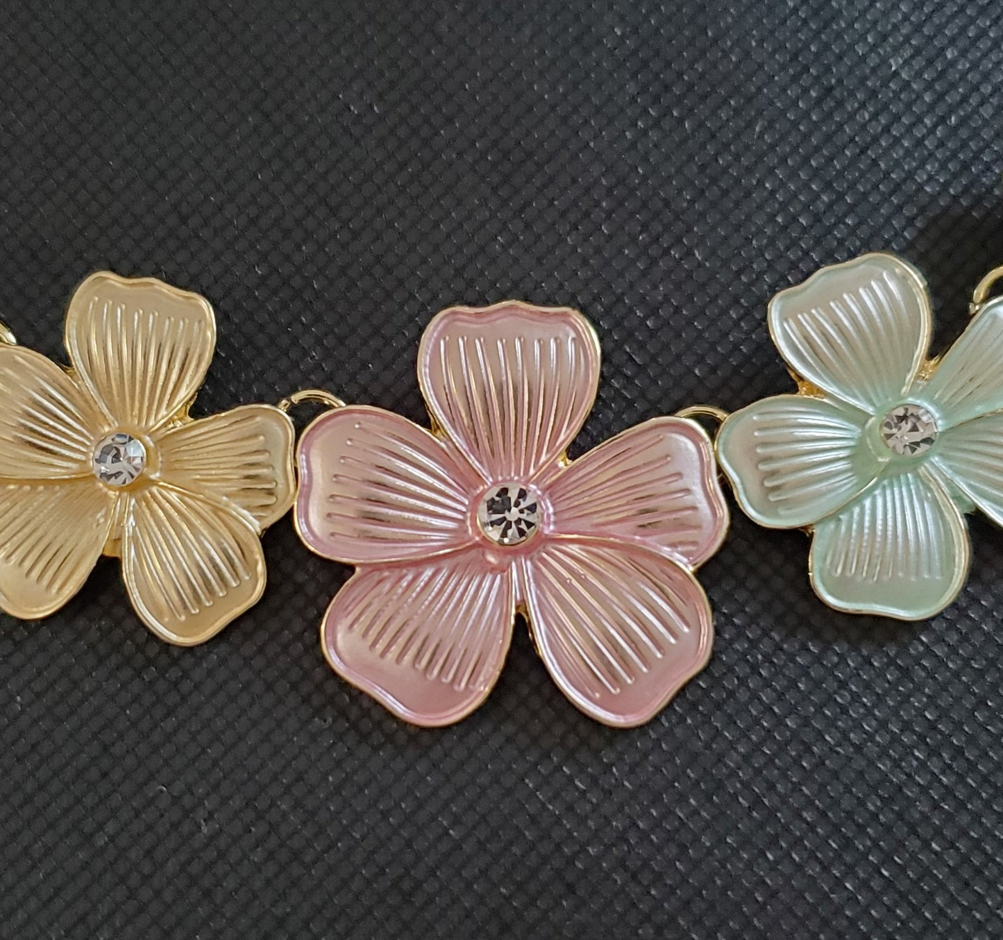 Pretty Petunia Necklace in White Austrian Crystal and Enamel 20-22 Inches