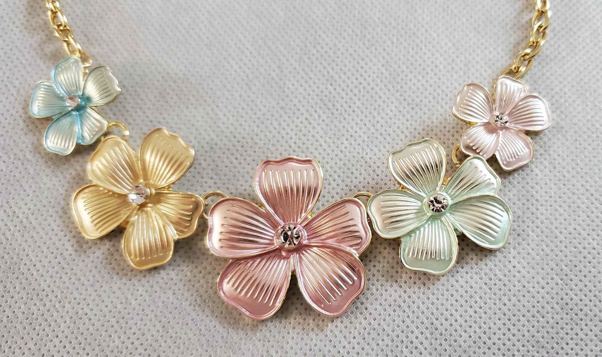 Pretty Petunia Necklace in White Austrian Crystal and Enamel 20-22 Inches