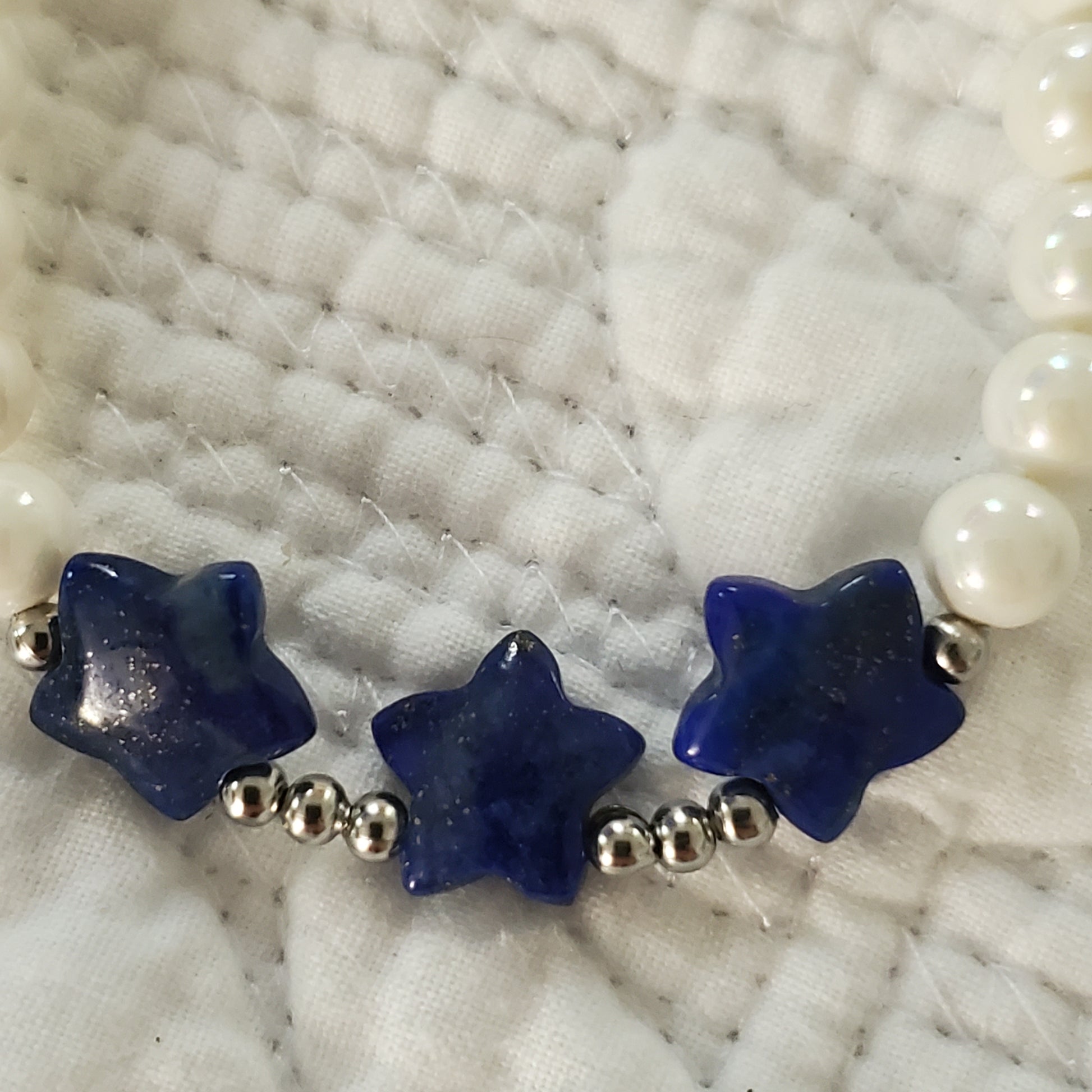 South African Yellow Tiger's Eye Amethyst or Lapis Lazuli and White Shell Pearl Bracelet