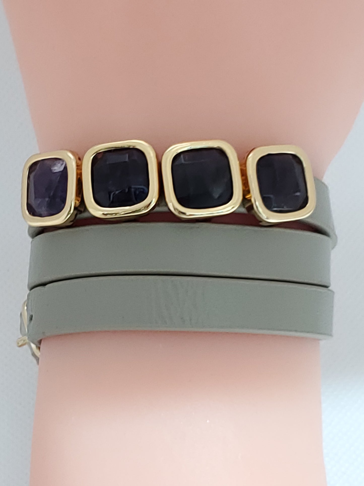 Genuine Amethyst and Gray Leather Wrap Bracelet