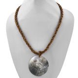 Carved Gray Shell Pendant With Golden Seed Bead Necklace and Matching Bracelet and Earrings