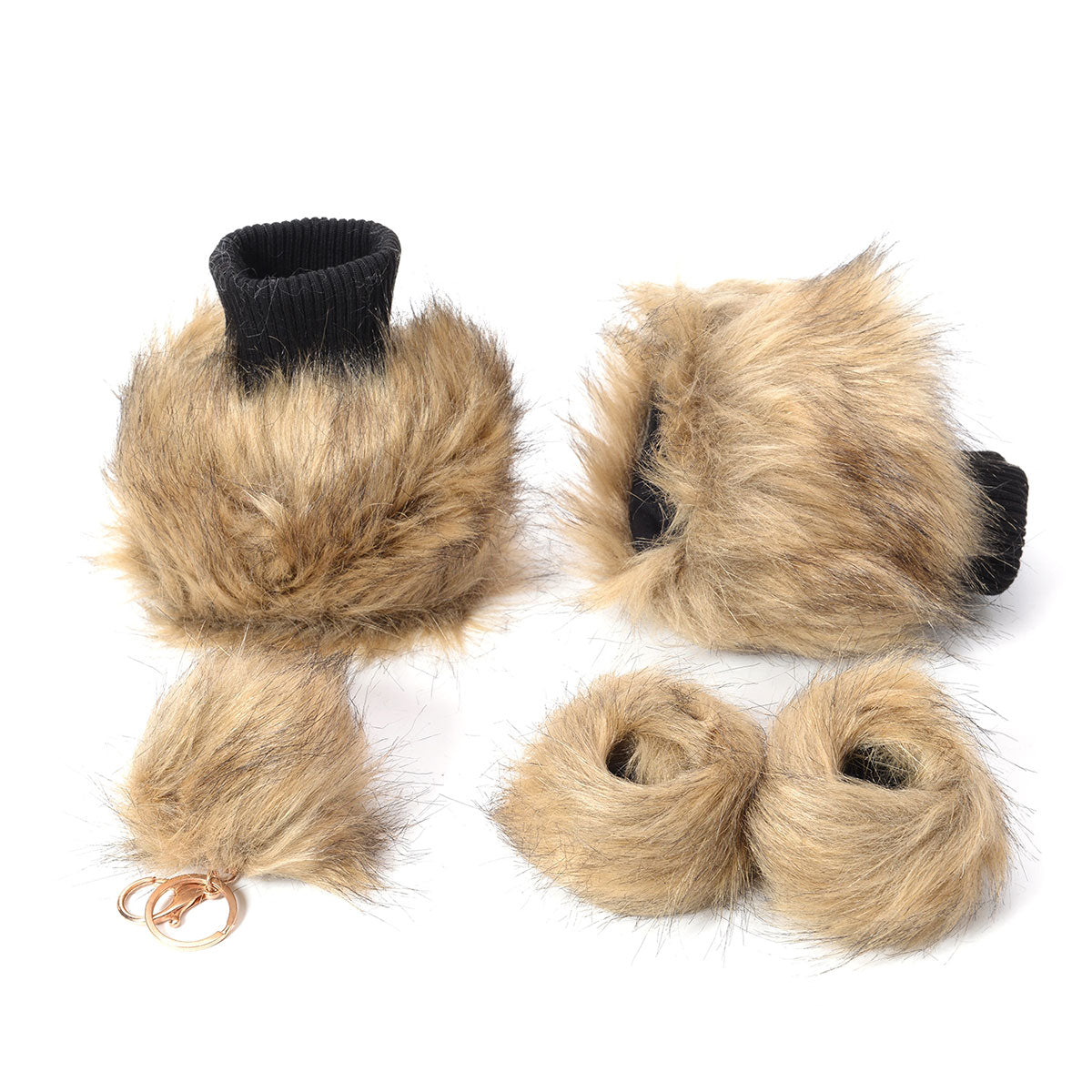 Camel Faux Fur Pom Pom Key Chain, Pair Boot Cuffs and Pair of Matching Slap Bracelets