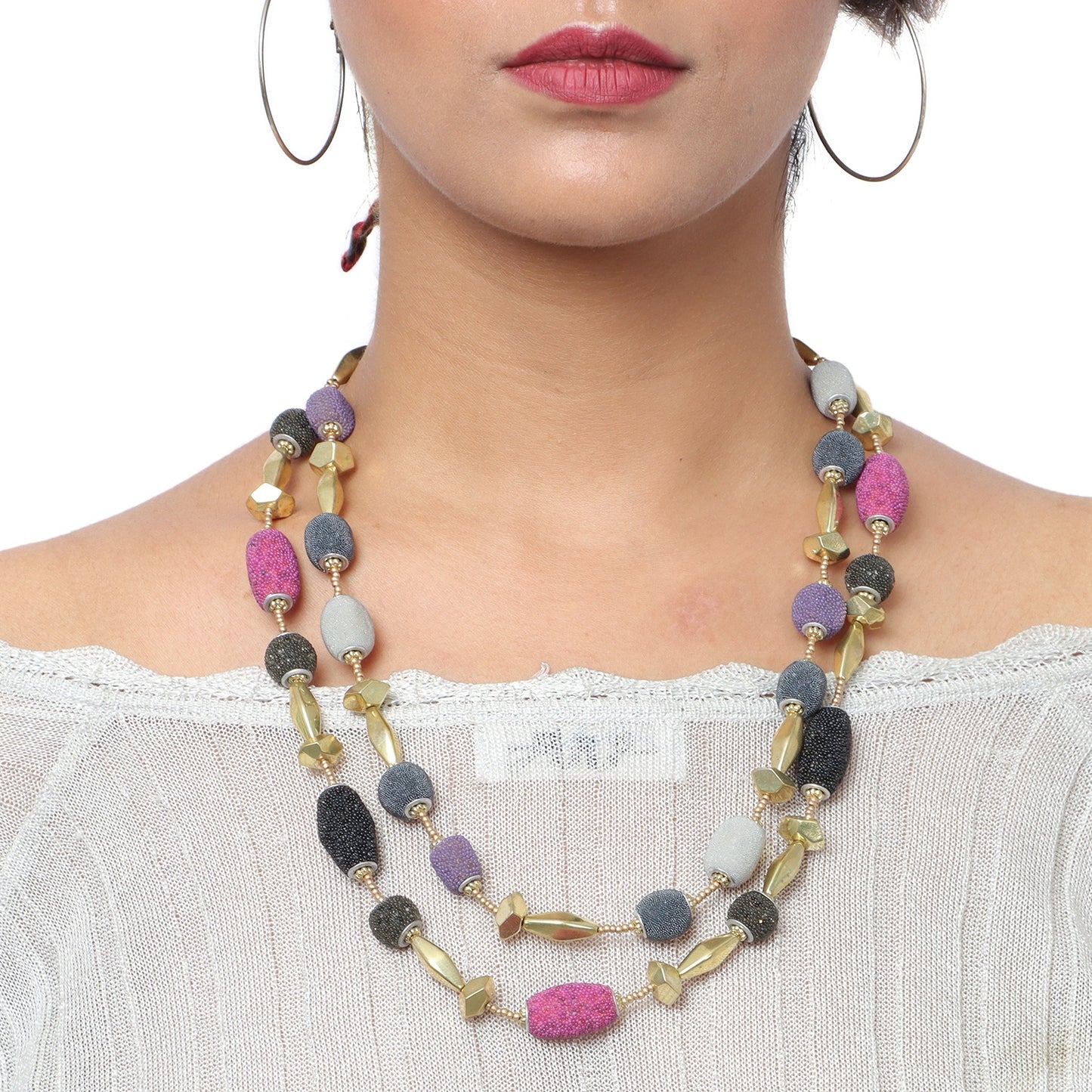 Multi Color Glass Beads, Shell & String Double Layer Necklace