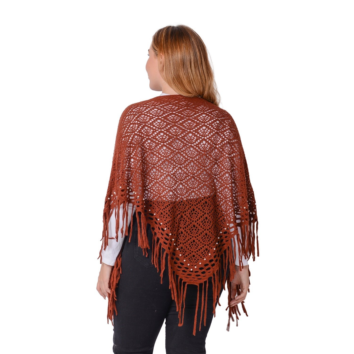 Coffee Chevron Pattern Knitted Poncho with Pearl Accent