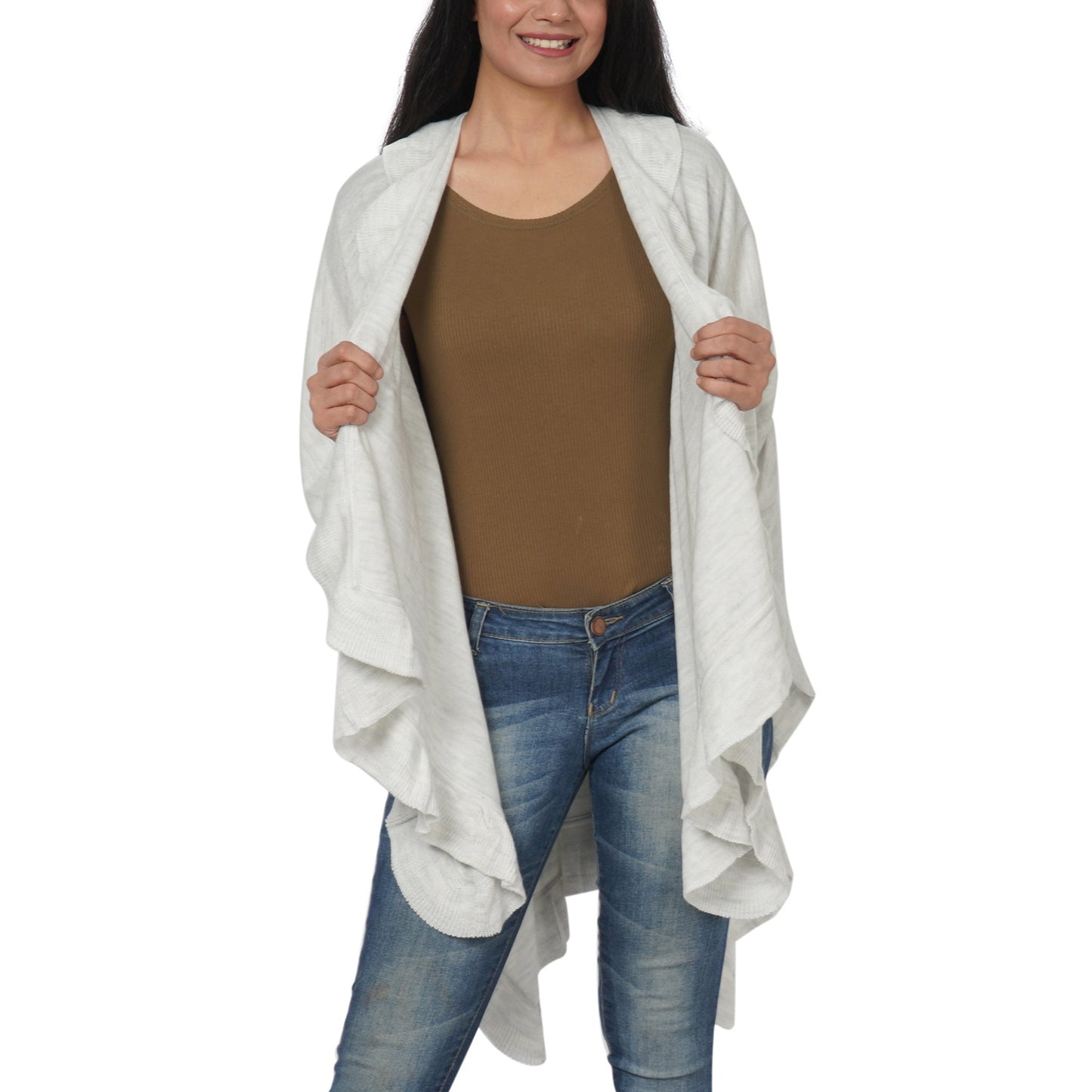 Women's Light Grey 100% Cotton Knit Shawl Ruana