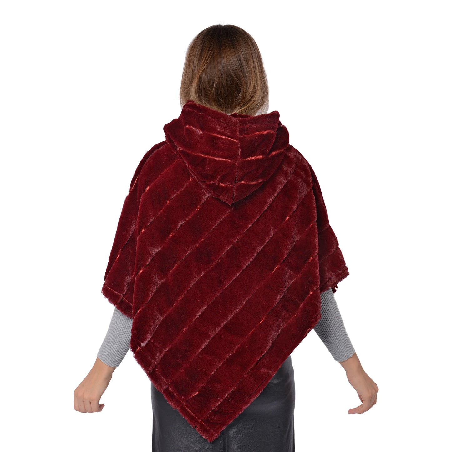 Burgundy Faux Fur Drawstring Hooded Textured Poncho