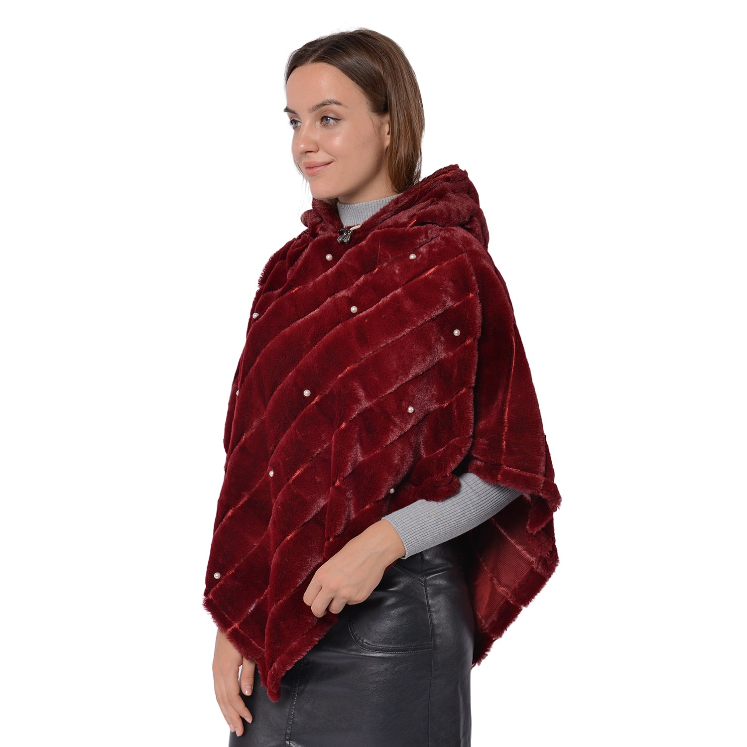 Burgundy Faux Fur Drawstring Hooded Textured Poncho