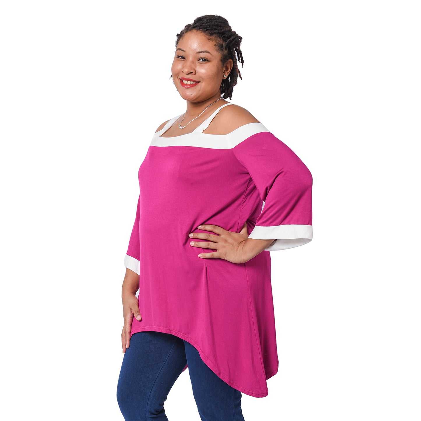 Fuchsia Cold Shoulder Tunic One Size Missy Viscose and Spandex