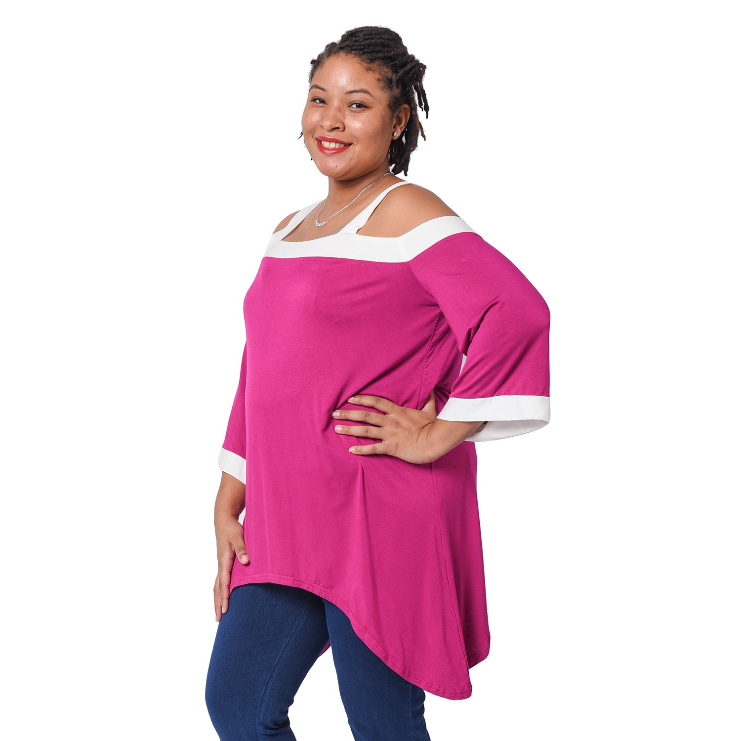 Fuchsia Cold Shoulder Tunic One Size Missy Viscose and Spandex