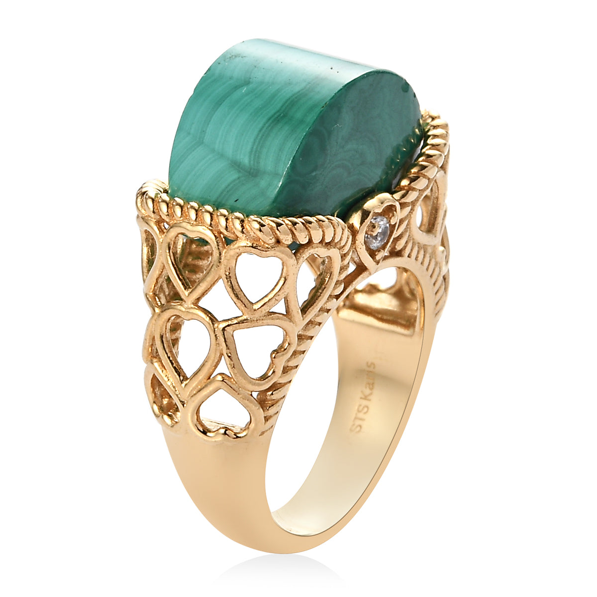 Karis African Malachite and Natural White Zircon Yellow Gold Ring Size 7