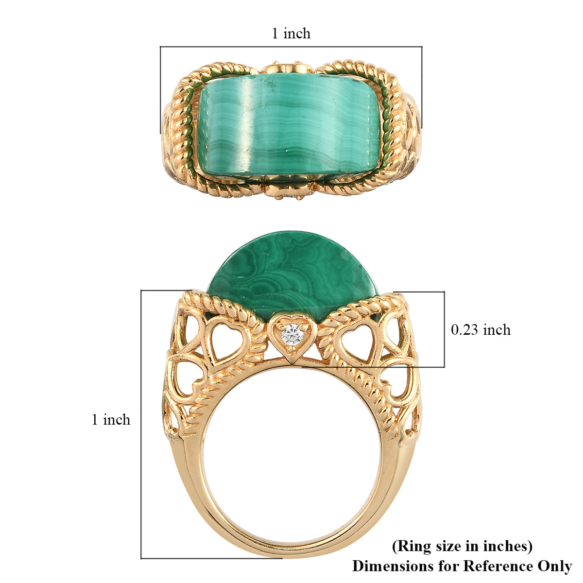 Karis African Malachite and Natural White Zircon Yellow Gold Ring Size 7