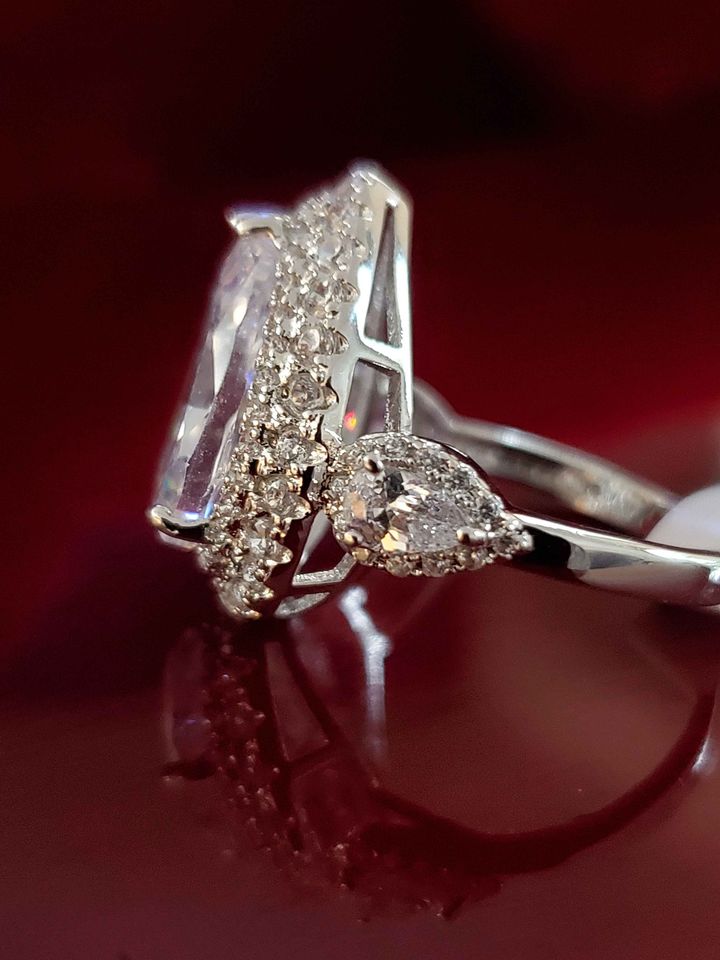 3 Stone White Sapphire Pear Halo Ring