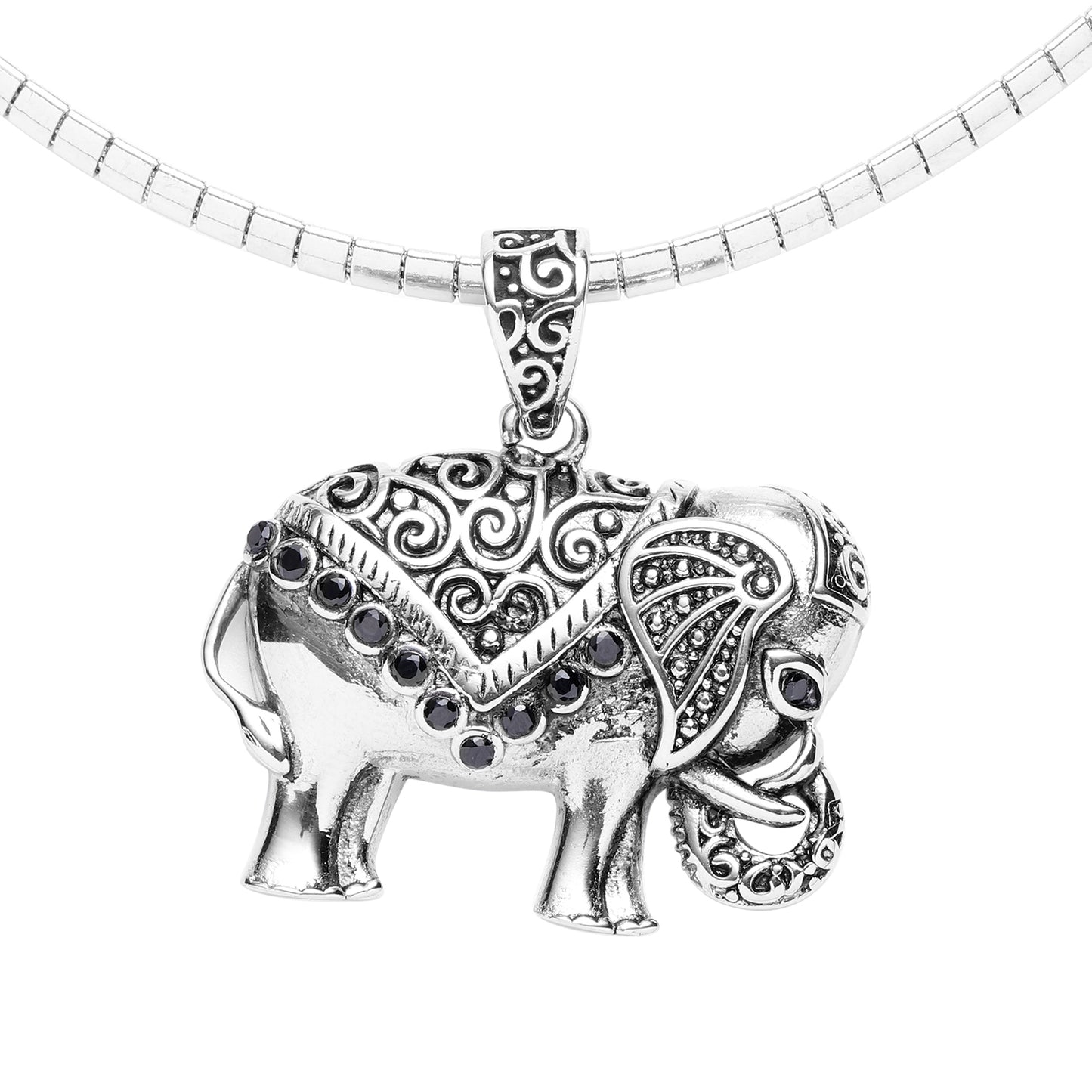 Thai Black Spinel Elephant Pendant With Necklace
